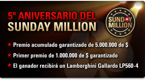 Sunday Million 5º aniversario con 1.000.000$ para el ganador en PokerStars Sunday Million 5º aniversario con 1.000.000$ para el ganador en PokerStars